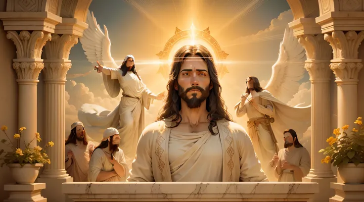 Nesta cena, Jesus is portrayed in heaven, irradiando divindade e serenidade. The atmosphere is ethereal, com suaves raios de luz iluminando os arredores. The composition is carefully framed, capturando Jesus no centro, surrounded by a paradisiacal setting....