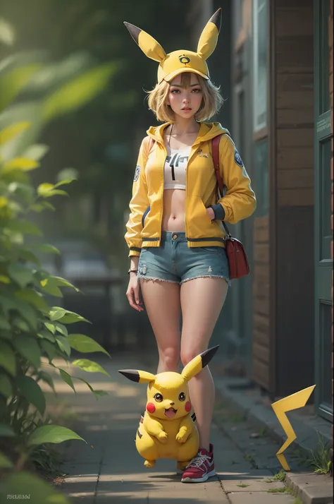 "Create a photorealistic 4k illustration of a Pikachu Gijinka girl, showcasing the essence of Pikachu through her clothing and accessories, in a full body composition."