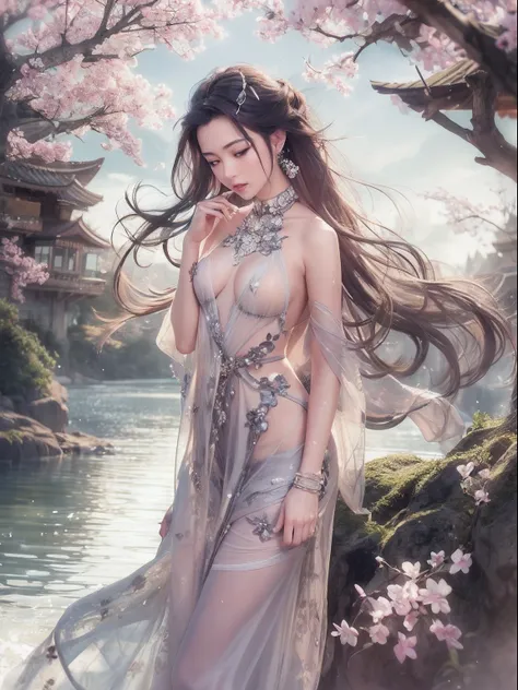 loose outfit、Show shoulders、How to wear a gown with a broken see-through halter neck、Decorated with intricate patterns and dark colors、Transparent material that makes the skin shine、Artistic depiction of seductive woman in gown with wet thin cloth and tran...