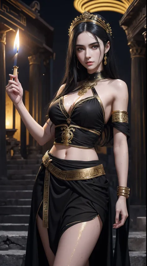 (A beautiful 25 years old female Greek maiden:1.2), (wet long black hair:0.9), (pale skin), (detailed oily and sweaty skin:1.2), (serious face), (wearing black colored revealing Greek maiden outfit with golden ornate), (waist up shot:1.2), (temple at night...