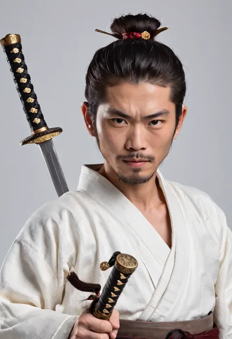 Foto completa，A Japanese sword master from the Sengoku period holding a katana stands in a beautiful white background pose，roupas indigenas, Ultra High Definition, Concedido, A high resolution, textura de alto detalhe, Contraste entre claro e escuro, Cinem...