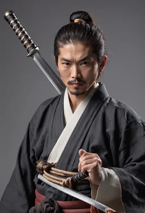 Foto completa，A Japanese sword master from the Sengoku period holding a katana stands in a beautiful white background pose，roupas indigenas, Ultra High Definition, Concedido, A high resolution, textura de alto detalhe, Contraste entre claro e escuro, Cinem...