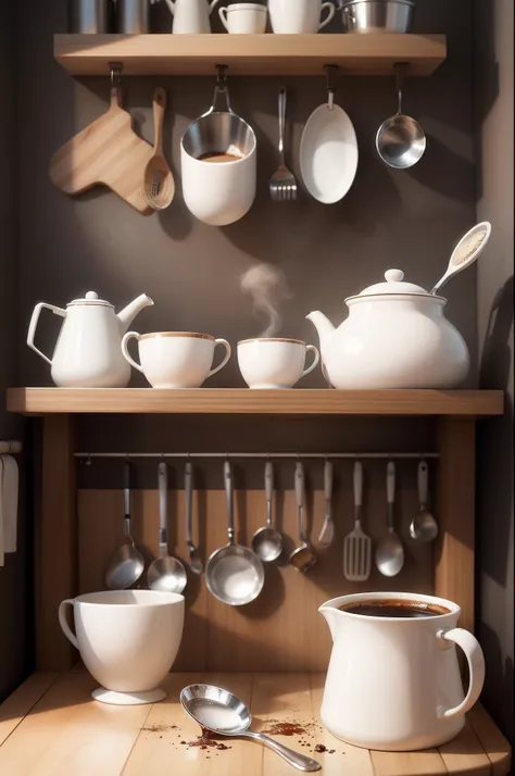 Create a captivating and photorealistic image of DYI coffee flavoured syrup station with used a small saucepan, a dirty  measuring cup and a whisk or spoon set in a kitchen with a coffee cup to the side