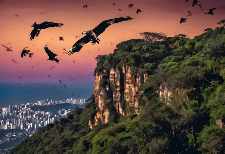 on the right side some vultures flying in circles on the edge of the cliff, flying over the hill of Vista Chinesa, in Rio de Janeiro, dark night, with many shadows, stars and full moon in the sky and many trees descending the cliff