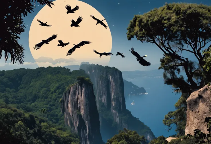 on the right side some vultures flying in circles on the edge of the cliff, flying over the hill of Vista Chinesa, in Rio de Janeiro, dark night, with many shadows, stars and full moon in the sky and many trees descending the cliff