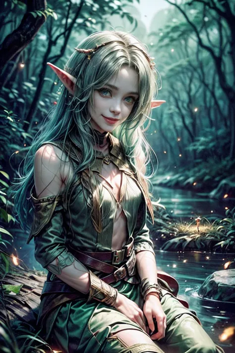 (((A wood elf sits on the bank of a river, Smiling, Fireflies are flying around))) green hair, petite body, Radial glow, optical, Panoramic illumination, atmospheric perspective, dawning, Smoothing: 5d, Light painting, Color, beatiful face, Clear facial fe...