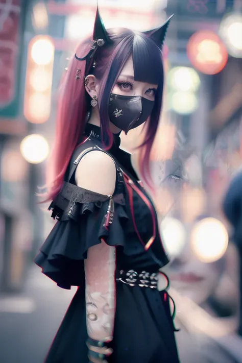 red hairs、reddish。red、goth_punk, 1girl in, 独奏, medium shot, Walking in Harajuku, ((during night)), bokeh dof, neon light, iridescent eyes, starrysky, White sparkling hair, White eyebrows, Radiant hair, (iridescent white hair), 耳Nipple Ring, bangss, jewely,...