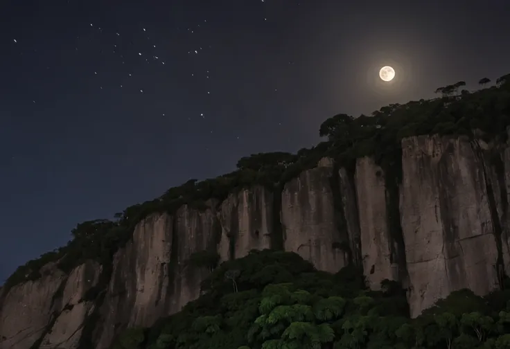 on the right side some vultures flying in circles on the edge of the cliff, flying over the hill of Vista Chinesa, in Rio de Janeiro, dark night, with many shadows, stars and full moon in the sky and many trees descending the cliff