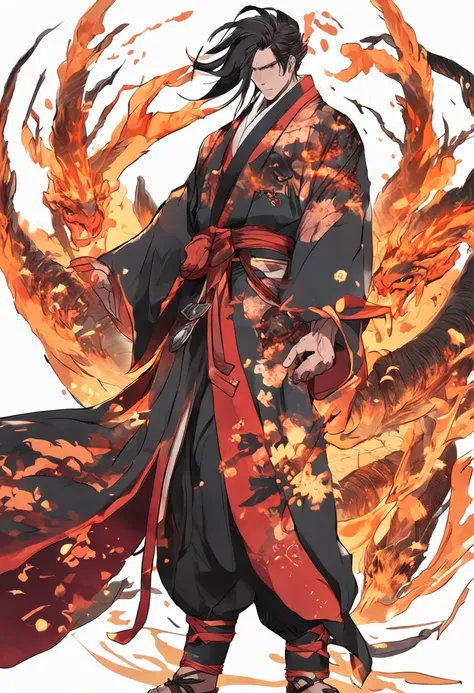 oni, horns, wings, male character, fire user, claws, dragonmacer, masterpiece, art, male, kimono clothes