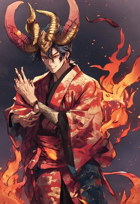 oni, horns, wings, male character, fire user, claws, dragonmacer, masterpiece, art, male, kimono clothes