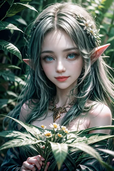 (((The wood elf smiles, Picking flowers in the forest ))) green hair, petite body, Radial glow, white fern flowers, optical, Panoramic illumination, atmospheric perspective, dawning, Smoothing: 5d, Light painting, Color, beatiful face, Clear facial feature...