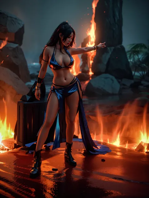 Bikini-clad woman standing in front of a fire, Cinematic Goddess Body Shot, unreal engine render + uma deusa, deusa do fogo quente, epic 3 d oshun, diablo 4 lilith, Tithi Luadthong, 3 d render arte do caractere 8 k, cinematic goddess shot, Arte de fantasia...