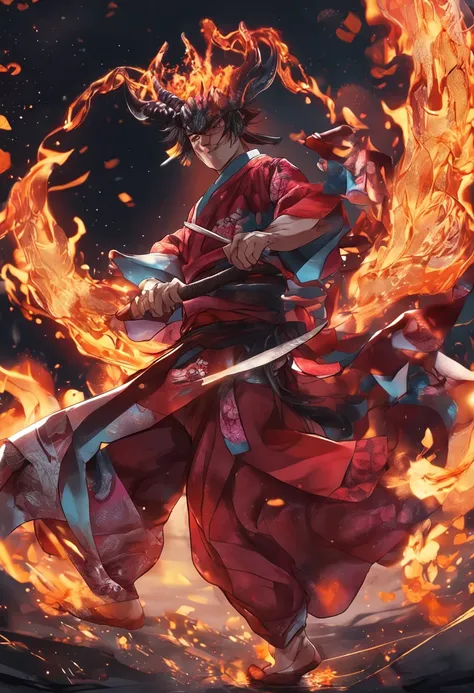 oni, horns, wings, male character, fire user, claws, dracomacer, masterpiece, art, male, kimono clothes