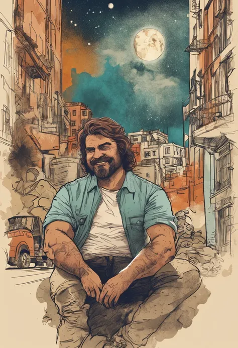 jack black, calmo, pintura a tinta e aquarela, retratando um homen com pouca barba e com um cabelo amarrado, olhar sereno, paz