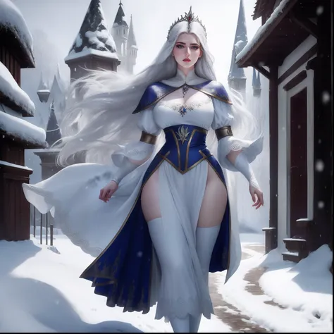 Theres a costumed woman walking down a snowy road, pale snow white skin, Branca de Neve como um D & d lutador, Branca de Neve, Cosplay glamouroso, Cosplay ornamentado, Alena Aenami e Artgerm, Amouranth, mais conhecido como Amouranth, thicc, fantasy photosh...