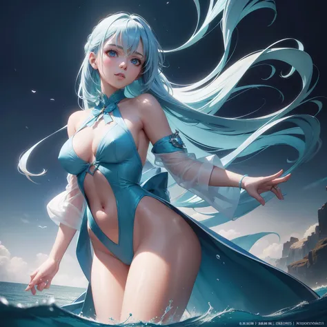 1girll，Perfect face,Radiant skin,Flowing beautiful long hair， Large breasts,exposed bare shoulders，slim toned body，Nice sexy body，Engaging pose，Five Fingers，Long legs，Light blue sailor suit and light blue cardigan、Light blue ribbon, 8k artistic photography...