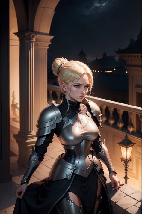 realistic 8k image of a beautiful woman, with light eyes, blonde hair tied in a bun, dressed in black rpg warrior clothes and shoulder pads, expression of relief, on an external balcony of a royal palace, night, anime style art