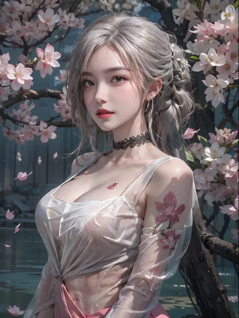 Photorealistic, High resolution, Soft light,1womanl, Solo, hips up high, glistning skin, (Detailed face),The tattoo, Jewelry, Wedding see-through hanf,halterneck, cherry blossom, Night, White wavy hair, Beautiful Soldier, An eye that invites the viewer, Lo...