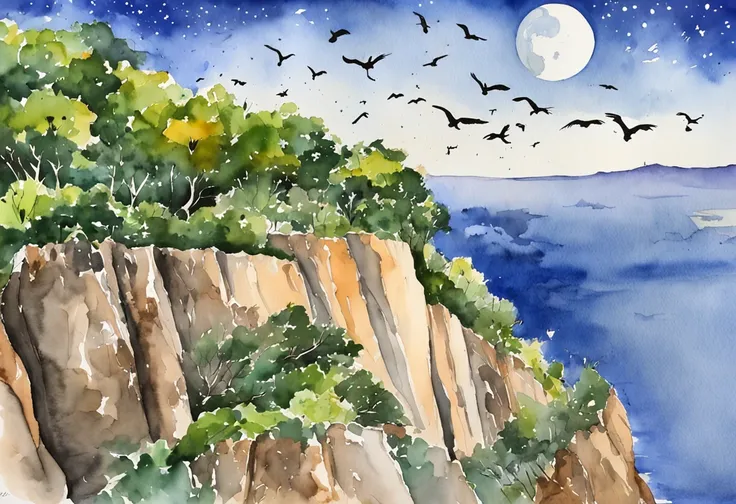 On the right side some vultures flying in circles on the edge of the cliff, sobrevoando o morro da Vista Chinesa, in Rio de Janeiro, noite escura, com muitas sombras, stars and full moon in the sky and many trees coming down the cliff