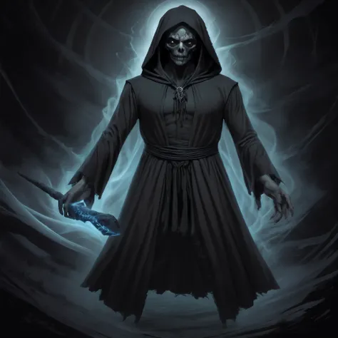 um close up de uma pessoa com um casaco encapuzado segurando uma faca, necromante de capa escura, manto escuro, figura escura encapuzada, Wraith com capuz escuro, dark flowing robe, vestido escuro, ghostly necromancer, O Ceifador como um Assustador, vestin...