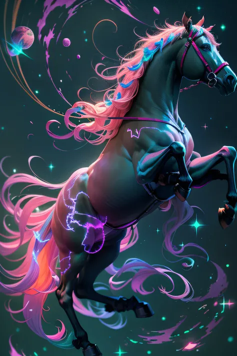 Hologram of a horse floating in space, a vibrant digital illustration, drible, Quantum Wavetracing, fundo preto, behance HD