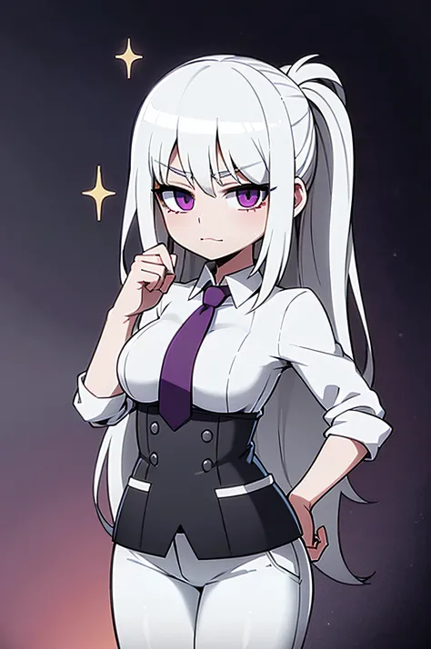 1girl. anime girl wearing white shirt, white hair, white long jeans, medium boobs, cute anime girl, yandere, wearing purple tie, purple eyes, sparkly eyes, Blackhole background, black shoes, tall, anime full body illustration, black hair highlights, happy,...