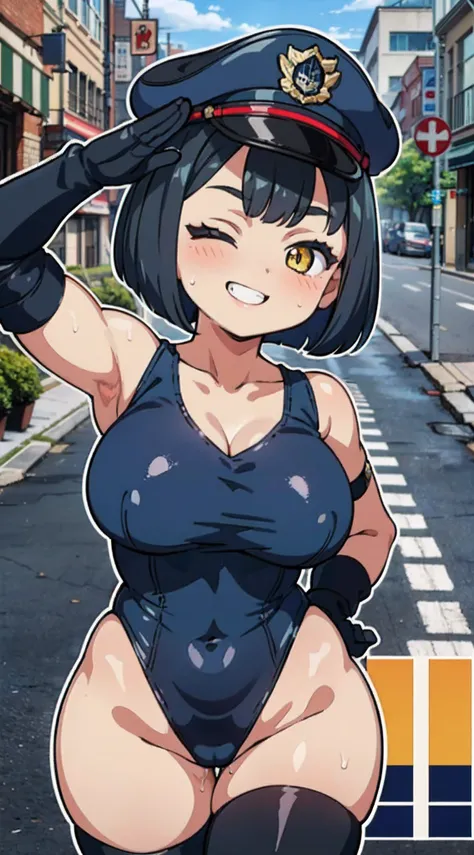 (Perfect body),Best Quality,(8K Portrait),(masuter piece)、(Official art),Police Woman、Police Hat、blush,Sweat,(((large udder)))、((Big ass))、(((((Wink))))) 、(((Navy blue leotard)))、(White knee socks)、(Black hair),((bob cuts))、Yellow eyes,((thick thighs))、Adu...