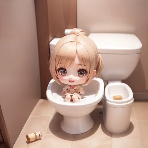 Cute Baby Chibi Anime,Super masterpiece, top-quality, Ultra-detailed, girl1、(((（Chibi)))、Beige Shorthair、Open your mouth and smile、Chibi Toilet Room、Sit on the toilet🚽、Shelf decoration、Looking at the camera、Fulll body Shot、