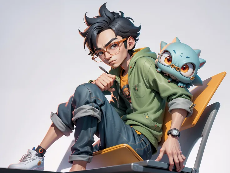 A young man with glasses sits at his desk，holding laptop，digitial painting，3D character design by Mark Clairen and Pixar and Hayao Miyazaki and Akira Toriyama，4K HD illustration，Very detailed facial features and cartoon-style visuals。