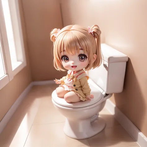 Cute Baby Chibi Anime,Super masterpiece, top-quality, Ultra-detailed, girl1、(((（Chibi)))、Beige Shorthair、Open your mouth and smile、Chibi Toilet Room、Sit on a toilet chair🚽、Shelf decoration、Looking at the camera、Fulll body Shot、