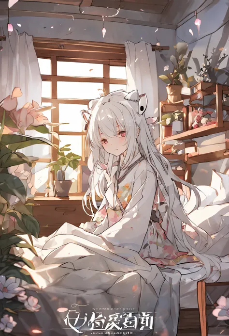 Painting Style - Manga) (Bed at home) (Character - Cat-eared girl) (Hairstyle - long hair + White hair color+cat ear) (Costume - pajamas with floral prints + Quilt)