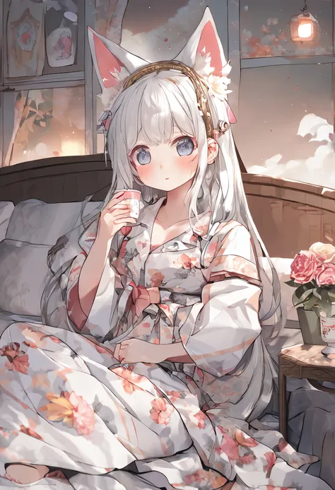 Painting Style - Manga) (Bed at home) (Character - Cat-eared girl) (Hairstyle - long hair + White hair color+cat ear) (Costume - pajamas with floral prints + Quilt)