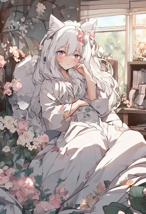 Painting Style - Manga) (Bed at home) (Character - Cat-eared girl) (Hairstyle - long hair + White hair color+Cats ears) (Costume - pajamas with floral prints + Quilt)(More so big white cat)