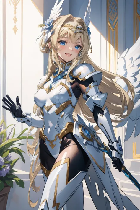 (​master piece, Best Quality),  Intricate details, valkyrie, kawaii, Happy, (((Laugh))), Villainous smile, Hand up, Looking at Viewer, Feather Headgear, Flower meadow, 
1 girl in, Solo, Portrait, Tentacle Plutinum Blonde Hair, drooping iceblue eyes, Silver...