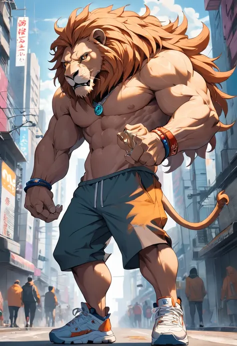 ((foto crua)), ((obra-prima)), Anthropomorphic humanoid lion wearing streetwear clothes, andando entre as pessoas, detalhe intrincado, intricate Greebles pieces, city behind, sneaker, corpo musculoso, muscular arms, small head, Ogro monstruoso, Titan, soft...