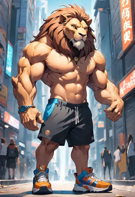 ((foto crua)), ((obra-prima)), Anthropomorphic humanoid lion wearing streetwear clothes, andando entre as pessoas, detalhe intrincado, intricate Greebles pieces, city behind, sneaker, corpo musculoso, muscular arms, small head, Ogro monstruoso, Titan, soft...