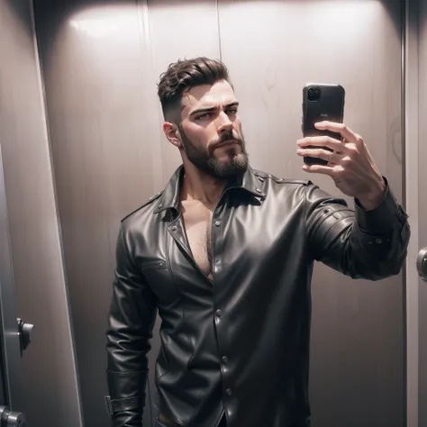 handsome  man , taken a selfie in the grey  elevator mirror, black leather blouse.  Bearded, iPhone 11, photo destined for Instagram.