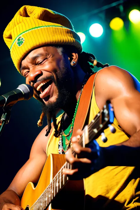 alnsglln sorrindo, Reggae musician clube, teatros independentes, mais alta qualidade, textura da pele, detalhes intrincados, (cinematic lighthing), foto RAW, 8k