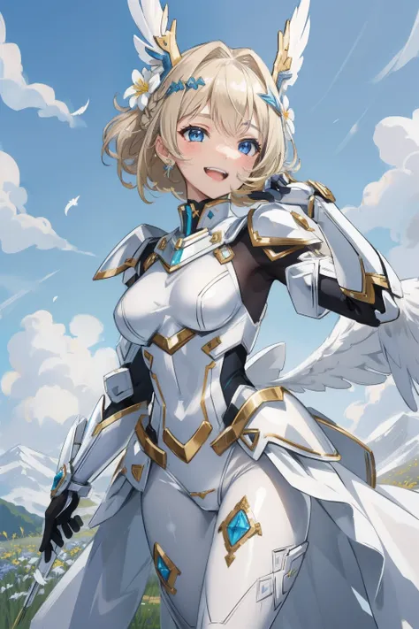 (​master piece, Best Quality),  Intricate details, valkyrie, kawaii, Happy, (((Laugh))), Villainous smile, Hand up, Looking at Viewer, Feather Headgear, Flower meadow, 
1 girl in, Solo, Portrait, short Plutinum Blonde Hair, drooping iceblue eyes, Silver Si...