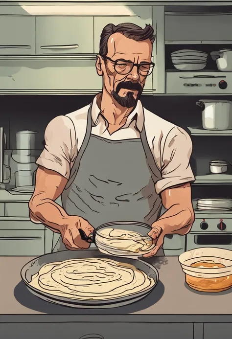 Walter white stirring a bowl of pancake batter, on the kitchen counter
, 3d render,24fps, realistic, highly detailed, hyper detailed,4k, photo realistic, trending in artsation..