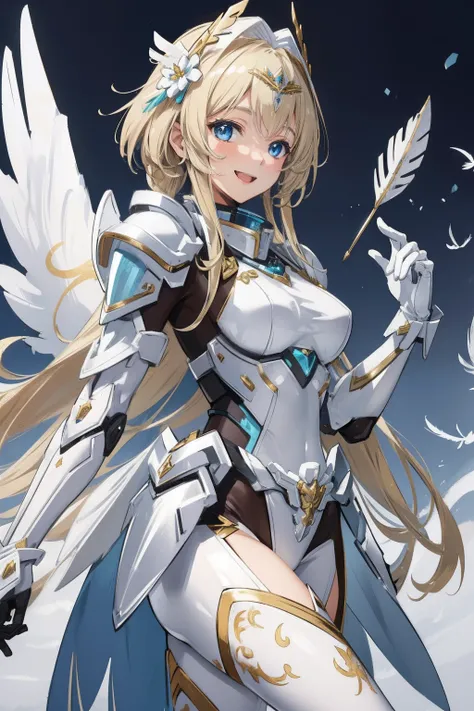 (​master piece, Best Quality),  Intricate details, valkyrie, kawaii, Happy, (((Laugh))), Villainous smile, Hand up, Looking at Viewer, Feather Headgear, Flower meadow, 
1 girl in, Solo, Portrait, short Plutinum Blonde Hair, drooping iceblue eyes, Silver Si...