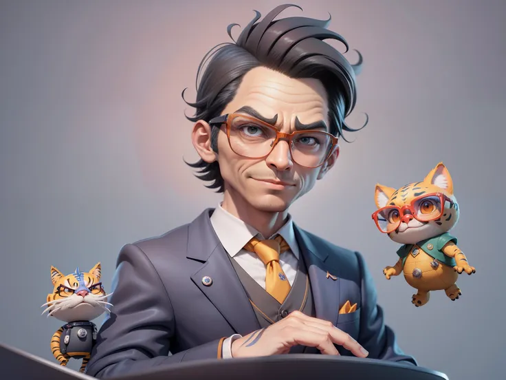 A young man in a suit, Short hair and glasses sat at his desk，holding laptop，digitial painting，tigre，3D character design by Mark Clairen and Pixar and Hayao Miyazaki and Akira Toriyama，4K HD illustration，Very detailed facial features and cartoon-style visu...