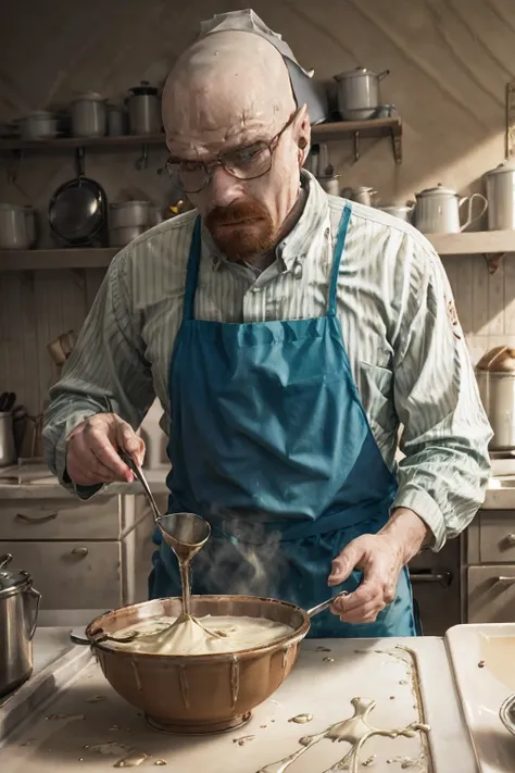 Walter white stirring a bowl of pancake batter, on the kitchen counter , 3d render,24fps, realistic, highly detailed, hyper detailed,4k, photo realistic, trending in artsation..