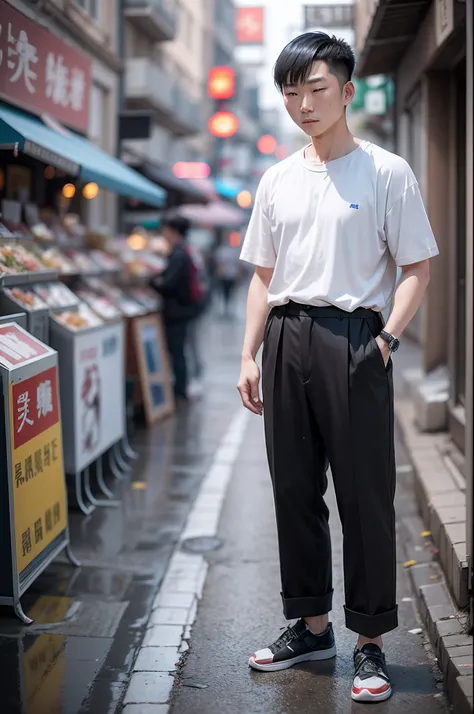 A Chinese man is standing on the street - delicate skin and super real-life portrait wearing white 👕 feet wearing AJ shooting in real photography style --auto --s2