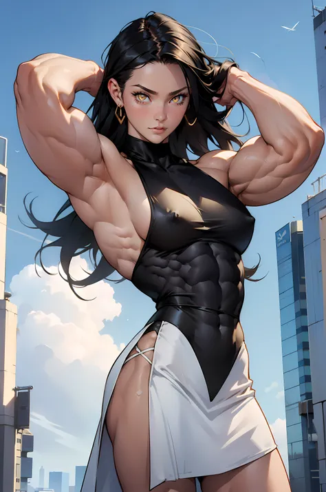 (((((1 girl))))), black hair, yellow eyes, very long hair, ((((((muscular)))))), tall, pale skin, tight dress, (solo), leotard, arms over head