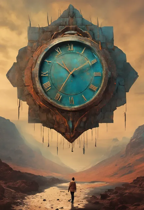 (abstrair:1.2) Jovem Mulher Composta de (geometrical forms:1.2), transformando-se em um (zdzislaw beksinski) style clock, the clock is ticking at 3 oclock