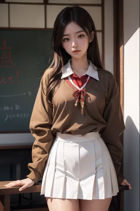 A girl standing and wearing a Japanese school uniform, brown hair, perfect body figure, beautiful & sexy