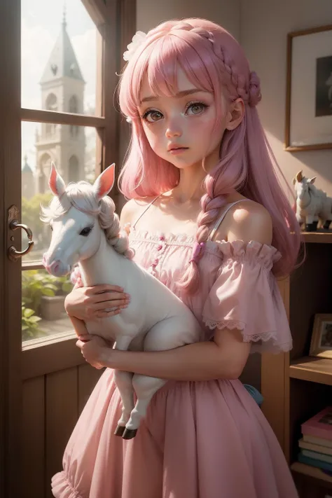 Crie um desenho animado de corpo inteiro, de uma menina de 7 anos cabelos castanhos claros e olhos castanhos claros, pele branca, com vestido rosa, in his hands holding a stuffed unicorn, She plays with hers in a charming and magical place, An enchanted wo...