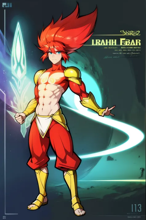 Aur-Urah, the Light Fairy, red hair, aura, muscular male, light body, full body, pants, armor, pullover, gloves, full clothed, solo focus