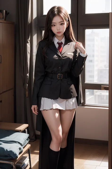 A girl standing and wearing a korean school uniform, brown hair, perfect body figure, beautiful & sexy and black stockings